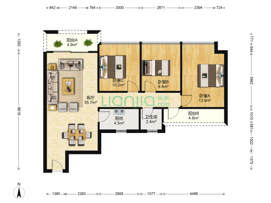 新园华府一期 3室1厅1卫 92平方