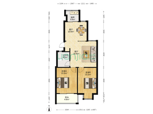 江南茗苑 2室2厅1卫 78平方
