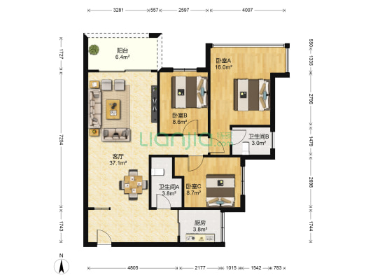 俊杰华府 3室1厅2卫 89平方
