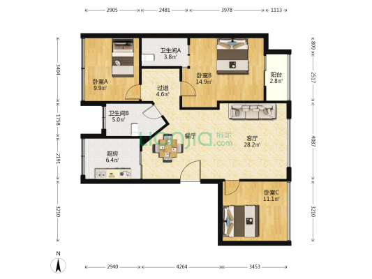 彩虹国际 3室1厅2卫 123平方