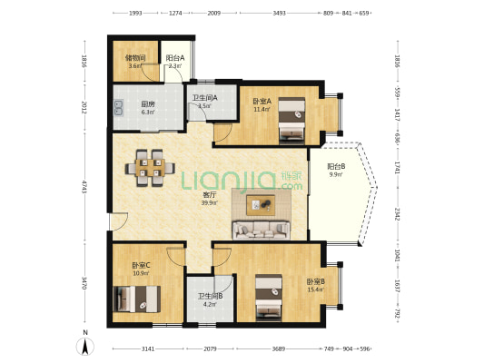 东方巴比伦 3室1厅2卫 129平方