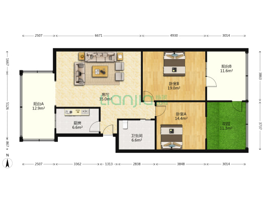 太升华园 2室1厅1卫 95平方