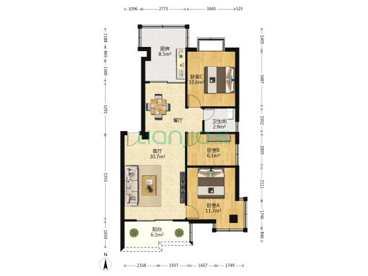 中裕花园 3室1厅1卫 87平方