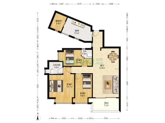 侨香村 3室1厅2卫 112平方