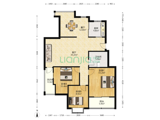 京华雅苑 3室2厅1卫 126平方