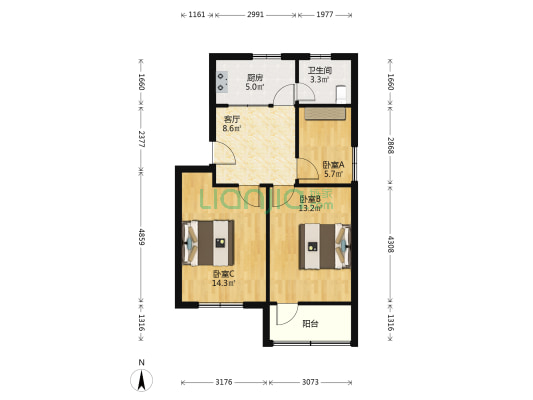 留晖山庄 3室1厅1卫 64平方