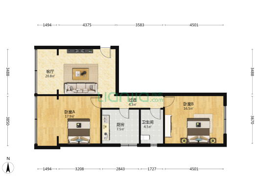 康家大院 2室1厅1卫 95平方