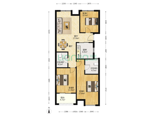 泊悦府 3室1厅2卫 105平方