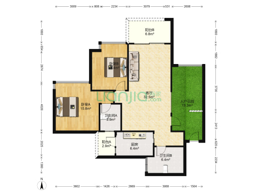 凯茵新城12区雅湖居 2室1厅2卫 108平方