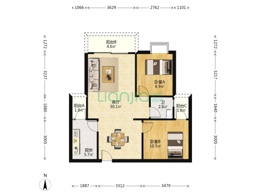 松渝星都花园B区 2室1厅1卫 81平方