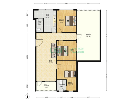 明霞大道中33号 3室1厅2卫 87平方