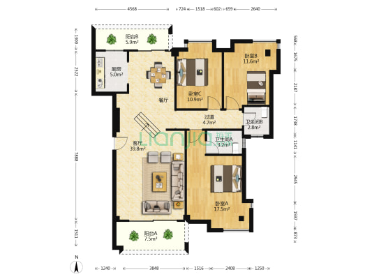新城国际 3室1厅2卫 125平方