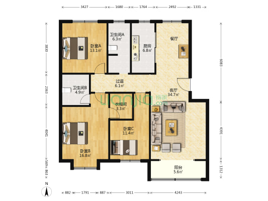 金泊家园 3室1厅2卫 133平方