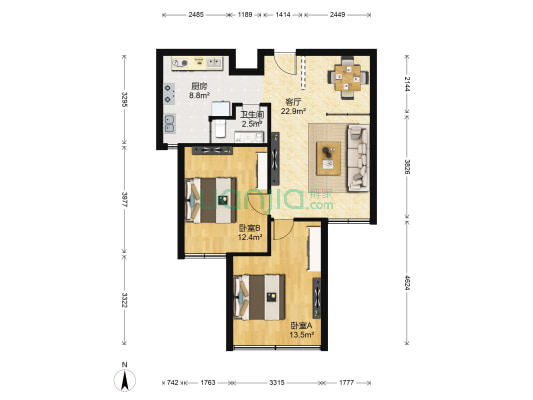 巢蓝郡 2室1厅1卫 62平方