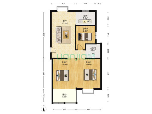 金大洋花园 3室1厅1卫 102平方