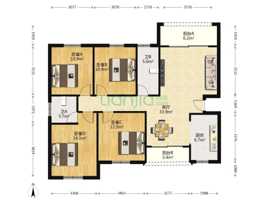 金富星城 4室1厅2卫 140平方