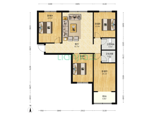 龙门苑 4室1厅2卫 127平方