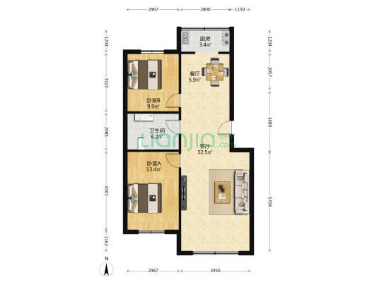 幸福一区南区 2室2厅1卫 90平方