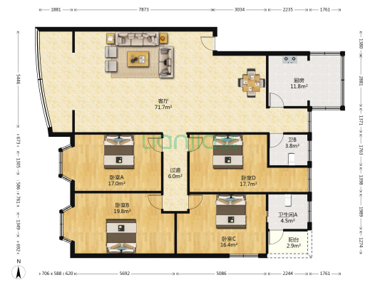 楼下车站 市场 住家安静 方便出门购物 带屋顶花园-户型图