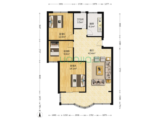 枝元村 3室1厅1卫 97平方