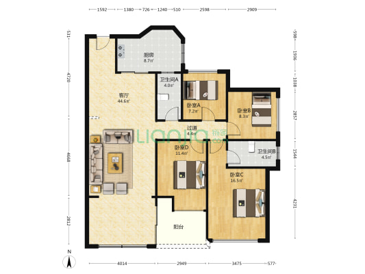 华泓四季花城 4室1厅2卫 111平方