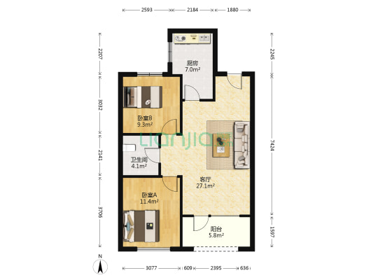 金地樾檀山 2室1厅1卫 88平方