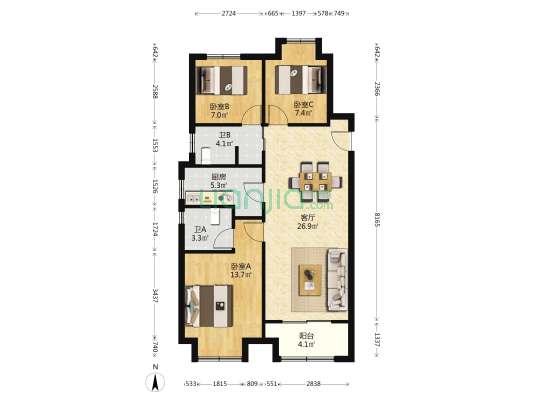 苏州万和四季 3室1厅2卫 95平方