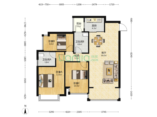 龙湖学宸府 3室1厅2卫 115平方