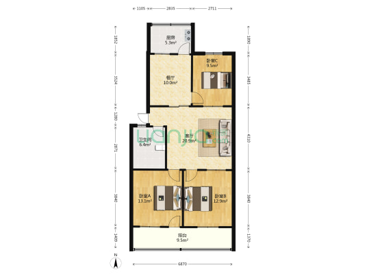 石油公司宿舍 3室2厅1卫 96平方