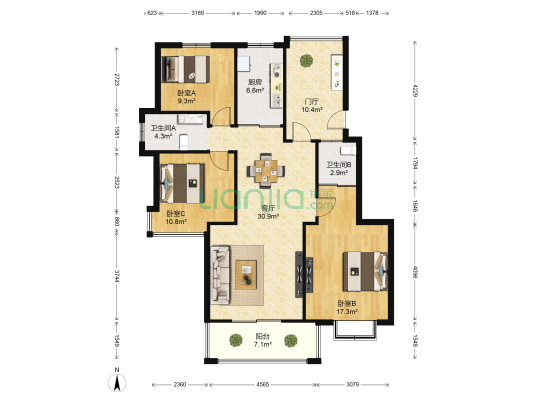 清华锦园 3室1厅2卫 108平方