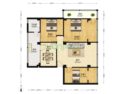 劳动大厦 3室2厅1卫 91平方