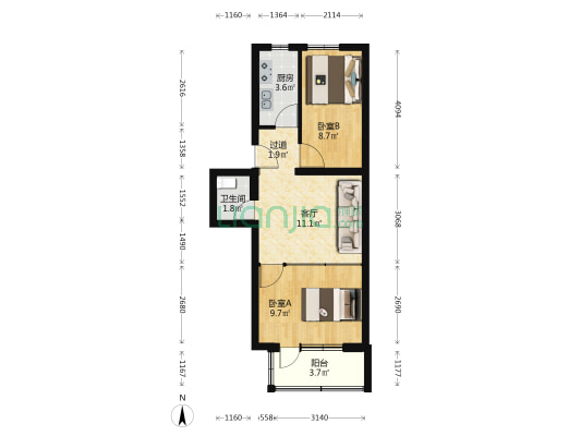 粉子胡同30号院 2室1厅1卫 52平方