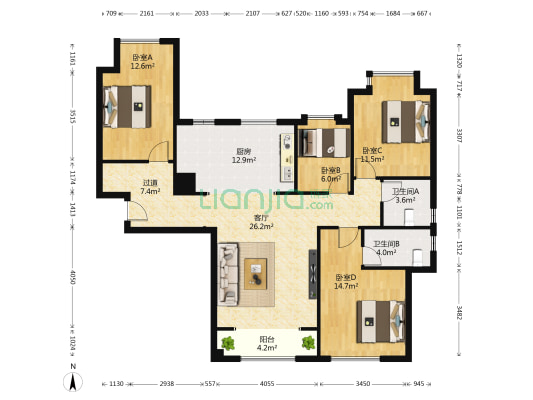 厦门院子泰禾首玺B区 4室1厅2卫 123平方