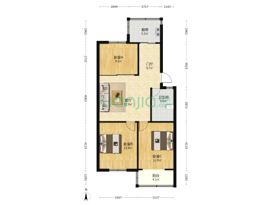 亚太新村康乐苑 3室1厅1卫 87平方