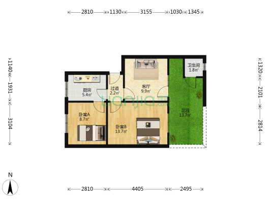 桥钢生活区 2室1厅1卫 64平方