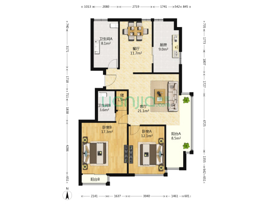 美达浅草明苑 2室2厅2卫 122平方