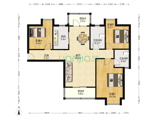 永利新城北苑 3室1厅2卫 118平方