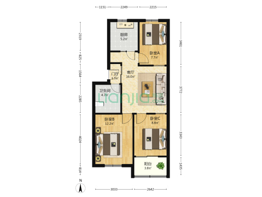 平安公寓 3室1厅1卫 75平方