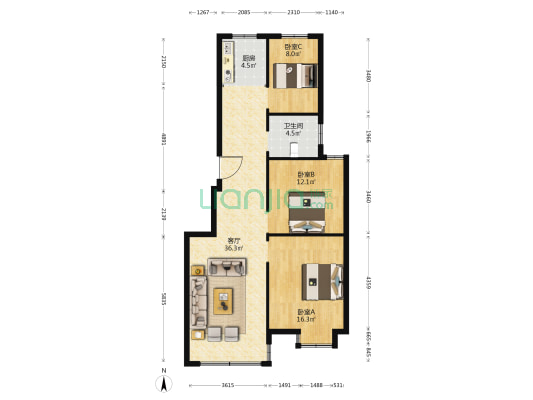 明阳花园 3室1厅1卫 107平方