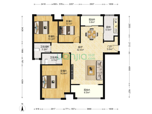 绿地曲江名城 3室1厅2卫 128平方