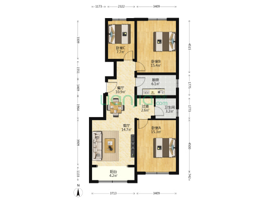 北京城建北京合院 3室2厅1卫 100平方