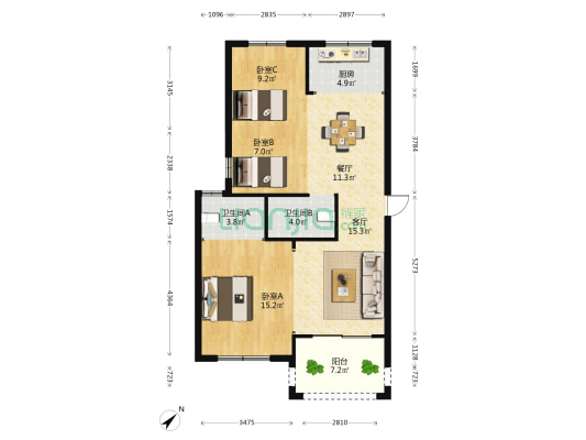 田园牧歌水韵居 3室2厅2卫 96平方