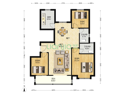 中海枫丹公馆 3室1厅2卫 131平方