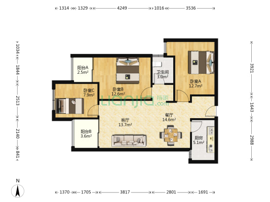 万科金域国际一期 3室2厅1卫 97平方