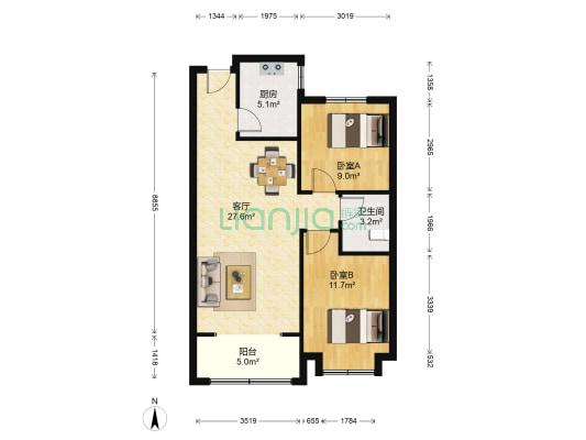 龙港·清华园 2室1厅1卫 90平方
