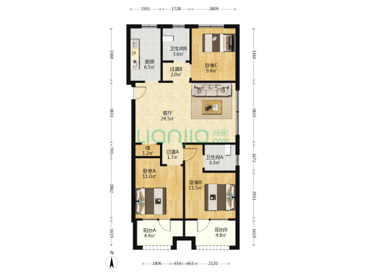 文定江山二期 3室1厅2卫 117平方