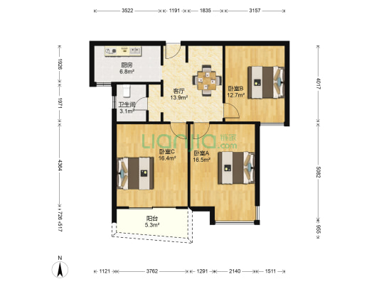 新时代富嘉花园 3室1厅1卫 92平方