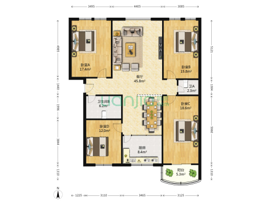 广场南楼 4室1厅2卫 154平方