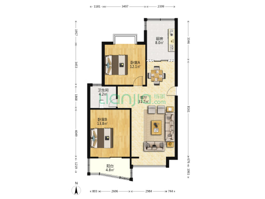 金色米兰苑 2室1厅1卫 87平方
