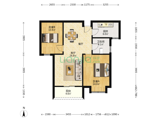 繁华紫园 2室1厅1卫 84平方